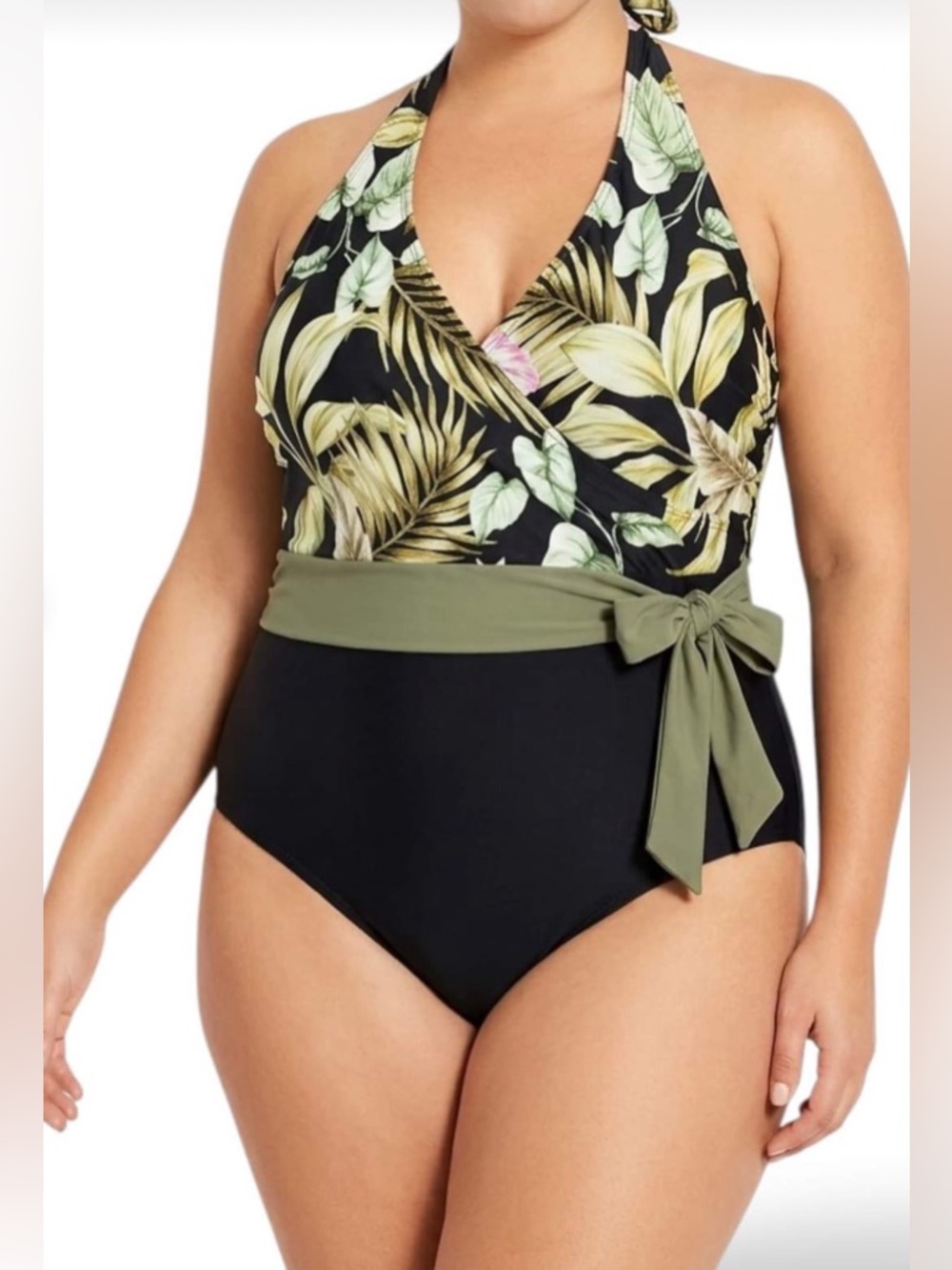 Lands End Floral Print Halter Style One-Piece Sculpting Swimsuit (S) Black NEW